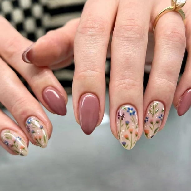 Uñas postizas MAOTTIE acrílicas almendradas florales, 30 piezas