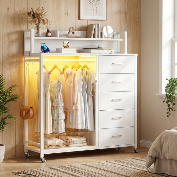Aheaplus Dresser for Bedroom with Clothes Rack & Shelves, 5 Drawers Dresser with Charging Station & LED Lights, Chest of Drawers with Lockable Wheels, Storage Shelves, Bedroom, Entryway,White