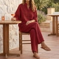 thumbnail image 7 of Evdexr Cotton Linen Sets for Women 2 Piece Sleeve V Neck Button Shirts and Wide Leg Pants Outfit Set 2026 Casual Loose Fit Business Travel Suits Wine 2XL, 7 of 7