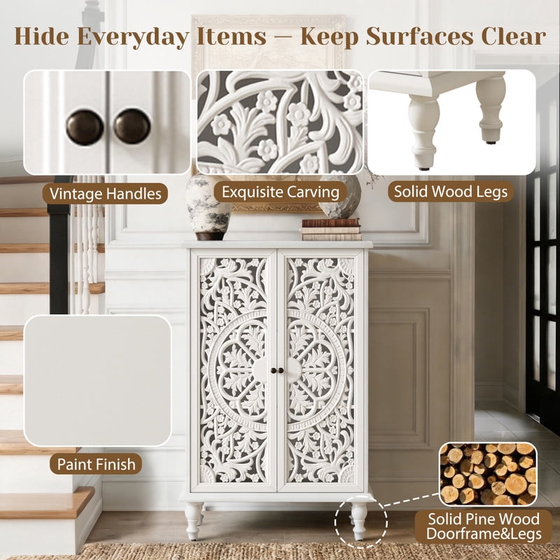 Freestanding Accent Storage Cabinet with Hollowed Out Carved Double Door, Farmhouse Display Buffet Chest with Adjustable Shelf