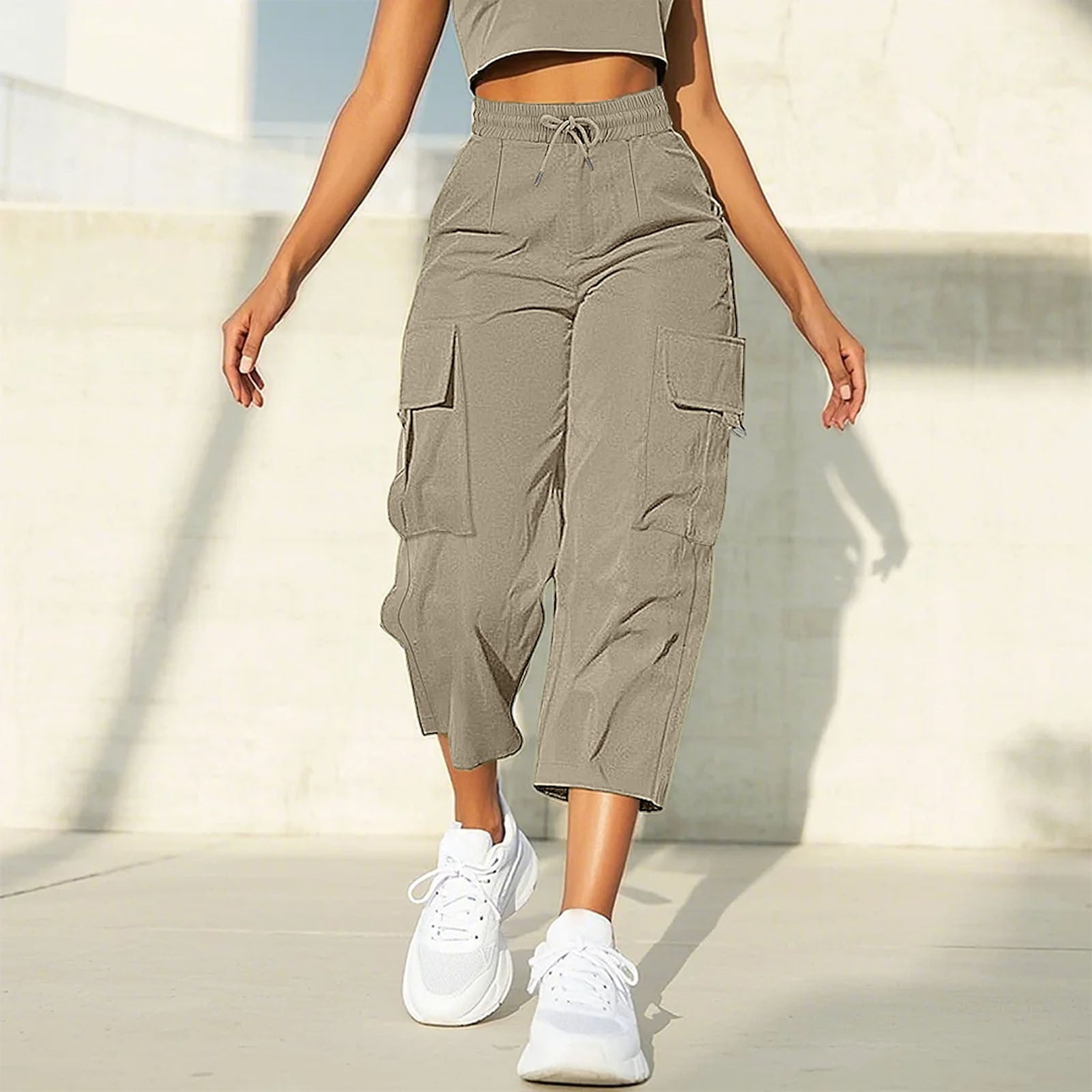 Yubnlvae Elastic Waist Cargo Pants for Women 3/4 Length Casual