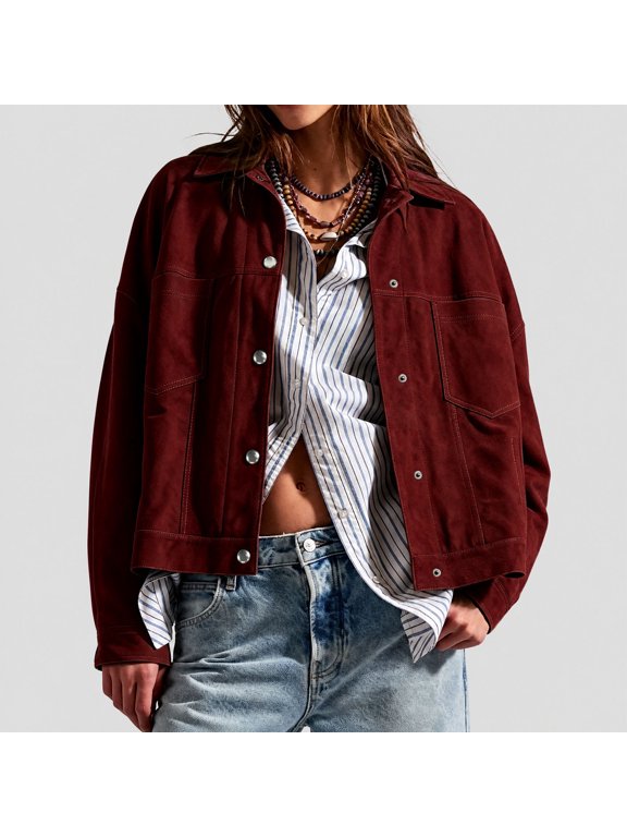 Womens Faux Suede Oversized Shacket, Long Sleeve Button Outerwear Sizes S-2XL