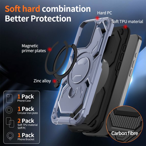 Armor Designed for iPhone 16 Plus Magnetic Case, Rugged Shockproof, with 360 Rotate Ring Kickstand, Hard Anti-Drop Heavy Duty Protection Hybrid Phone Case Cover for iPhone 16 Plus, Lightpurple