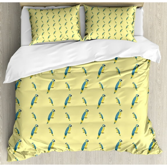 Yellow and Blue Duvet Cover Set Queen Size, Numerous Cartoon Tropical Wild Parrot Layout on Plain Backdrop, Decorative 3 Piece Bedding Set with 2 Pillow Shams, Pastel Yellow Sea Blue, by Ambesonne