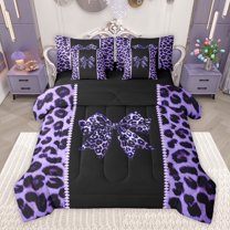 Feelyou Chic Purple Bow-tie Twin Bedding Sets 7-Piece for Kids, Modern Cheetah Print Bedding Comforter Set, Fashion Bling Diamond Reversible Sheet Sets, Lightweight Room Decor