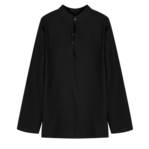Hombres Casual Algodón sólido y lino Stand Collar Pullover Manga larga Camisa abotonada Pompotops oipoqjl52989