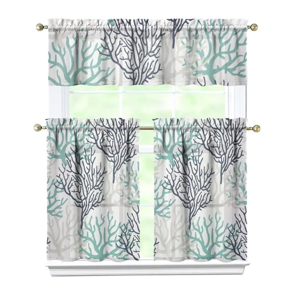 Shell Seashell Beach Curtains Set Starfish Coral Sea Marine Life Fish Tropical Spiral Seashell Nautical Cute Ocean Coastal Print Pattern Kitchen Curtain Tier and Valance Set