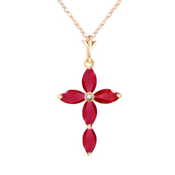 Galaxy Gold GG 14K Yellow Gold Natural Diamonds and Ruby Cross Pendant Necklace - July Birthstone - Passion & Protection - 16" to 24" - Fine Jewelry for Women