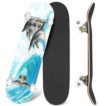 31'' Complete Skateboard 7 Layer Canadian Maple Double Kick Deck Skateboards Color drawing two dolphins wave Watercolor pencils Skate Board for Beginner Adult Gifts
