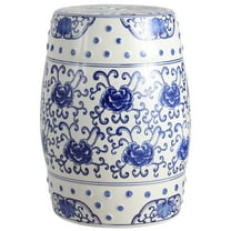 JONATHAN Y Lotus Flower 17.8" Chinoiserie Ceramic Drum Garden Stool, Blue/White