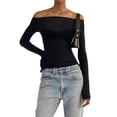 thumbnail image 5 of ZAXARRA Women Off Shoulder Ruched Mesh Tshirt Top Long Sleeve Pleated See Through Solid Slim Shirt Blouse Tops, 5 of 9