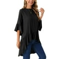 thumbnail image 4 of INSPIRE CHIC Women's High Low Tops 3/4 Bell Sleeve Round Neck Keyhole Back Casual Ruffle Hem Asymmetrical Blouse S Blacks, 4 of 5