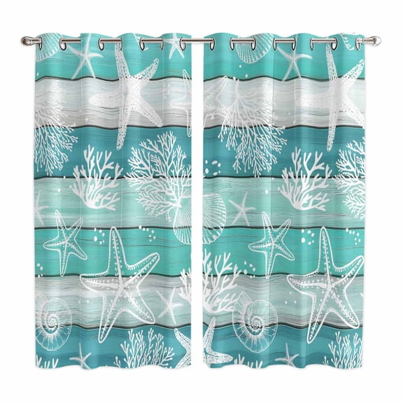 Curtains 63 Inch Length 2 Panels, Teal Coastal Beach Grommets Window Treatment Curtain, Nautical Starfish Coral Vintage Wooden Thermal Curtains Drapes for Living Room/Bathroom