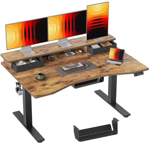 Rustic Brown 55 Electric Standing Desk with Monitor Shelf, Height