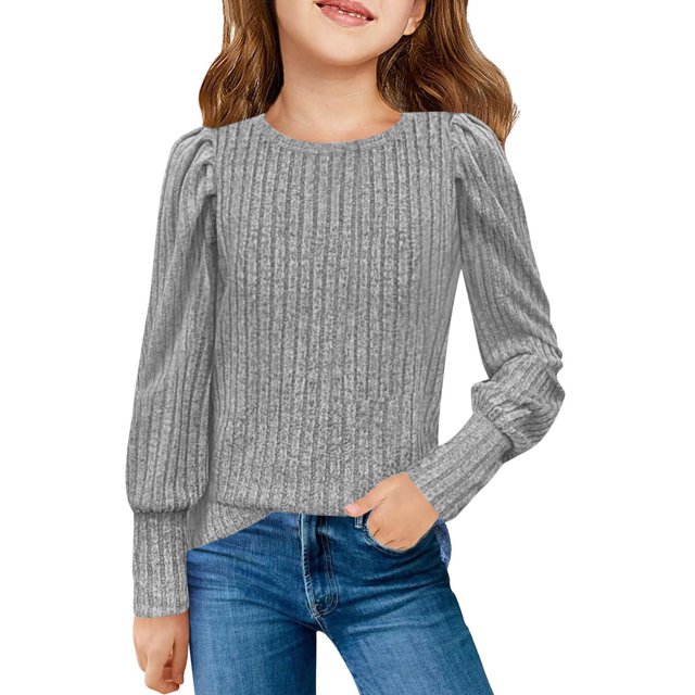 Plebaso Girls Ribbed Puff Long Sleeve Knit Shirts 5-14 Years Blouse Casual Pullover Lightweight Tunic Tops