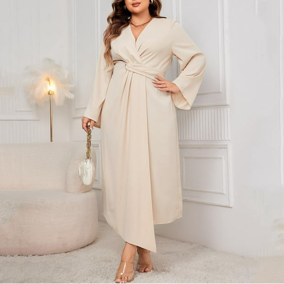 Blmnix Long Holiday Dresses for Women 2026 Plus Size Waisted Fit & Flare Under Dress Long Sleeve V-Neck Beige Winter Skirts for Women,XXXL