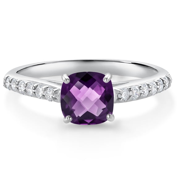 Gem Stone King 10K White Gold Purple Amethyst and White Lab Grown Diamond Engagement Ring for Women (0.88 Cttw, Gemstone February Birthstone, Cushion Checkerboard 6MM, Size 8)