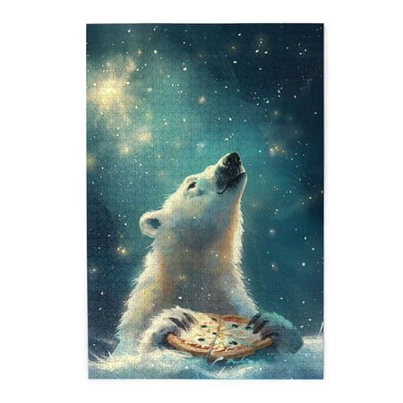 1000 PCS 1000 Piece Wooden Puzzles White Bear and Pizza Challenging Brain Exercise Funny Animal Art White Bear and Pizza Stress relieving puzzle 1000 Piece Stunningly Vibrant Colors Funny Puzzles