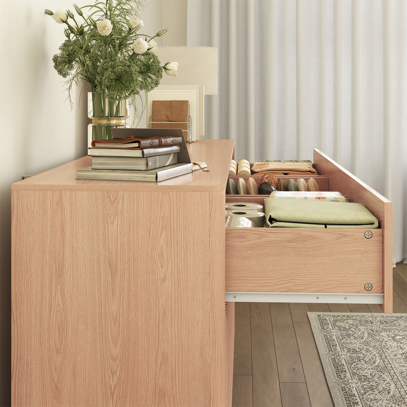 Hommoo Modern 9-Drawer Wood Dresser, Fluted Chest of Drawers, Multifunctional Storage Cabinet Credenza Side Table, Natural