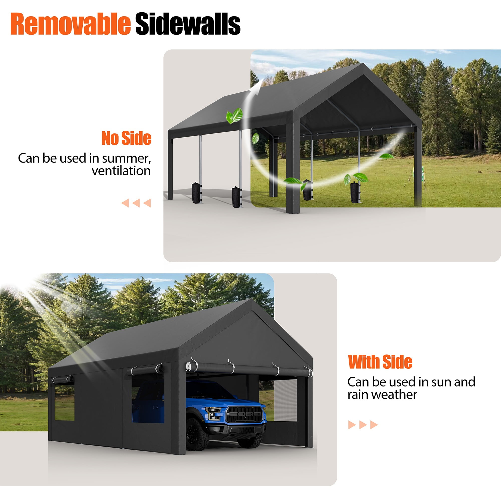 Walsunny Carport with 4 Sandbags 10x20 ft Heavy Duty Canopy with Roll-up Windows Portable Garage with Removable Sidewalls & Doors Car Canopy Gray