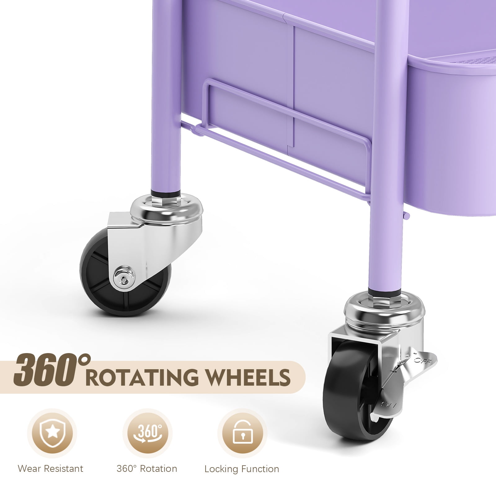 KK KINGRACK 3-Tier Rolling Cart, Metal Utility Cart with Wheels, Home Office School Organizer, Purple