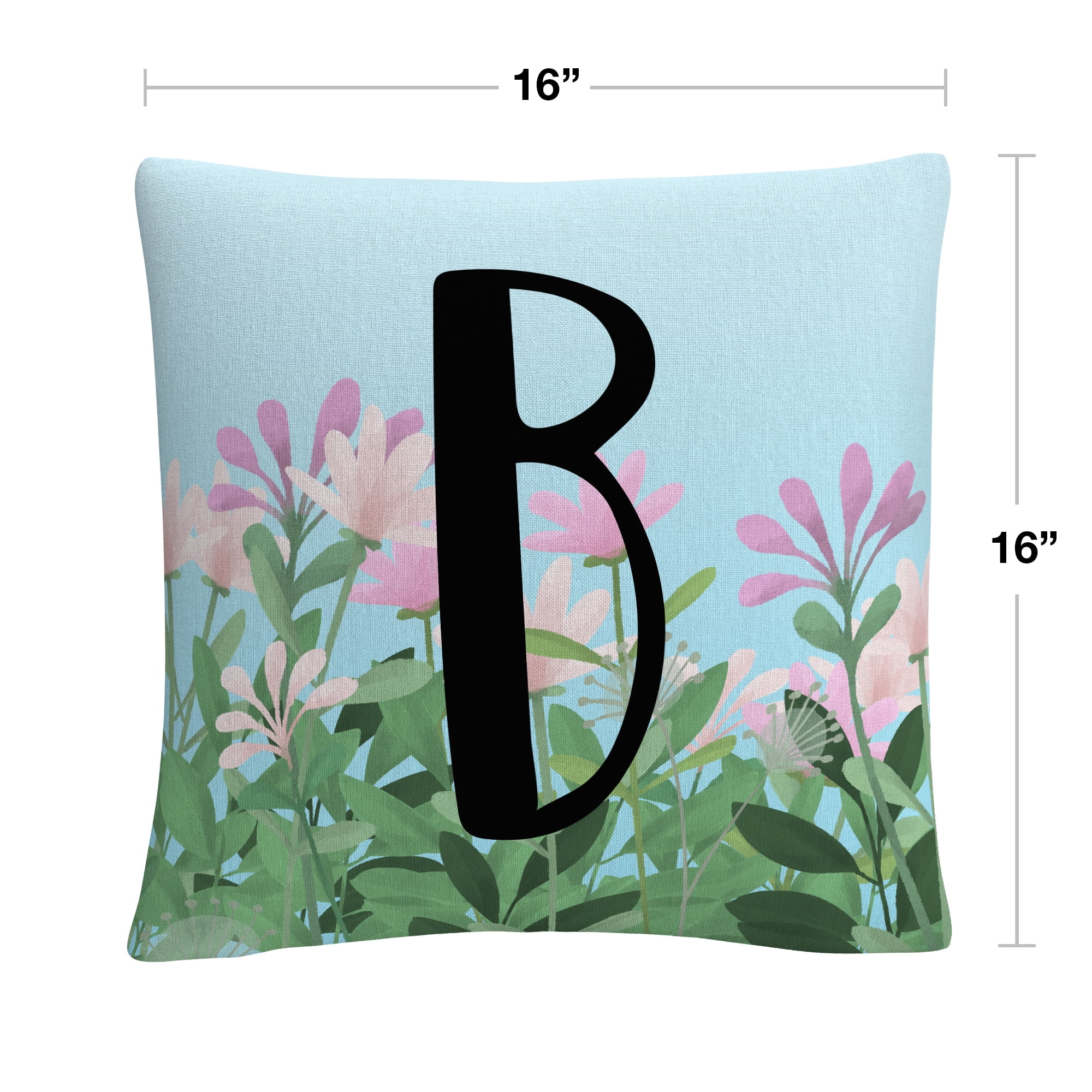 Pink Floral Garden Letter Illustration B By Abc 16 X 16 Decorative Throw Pillow