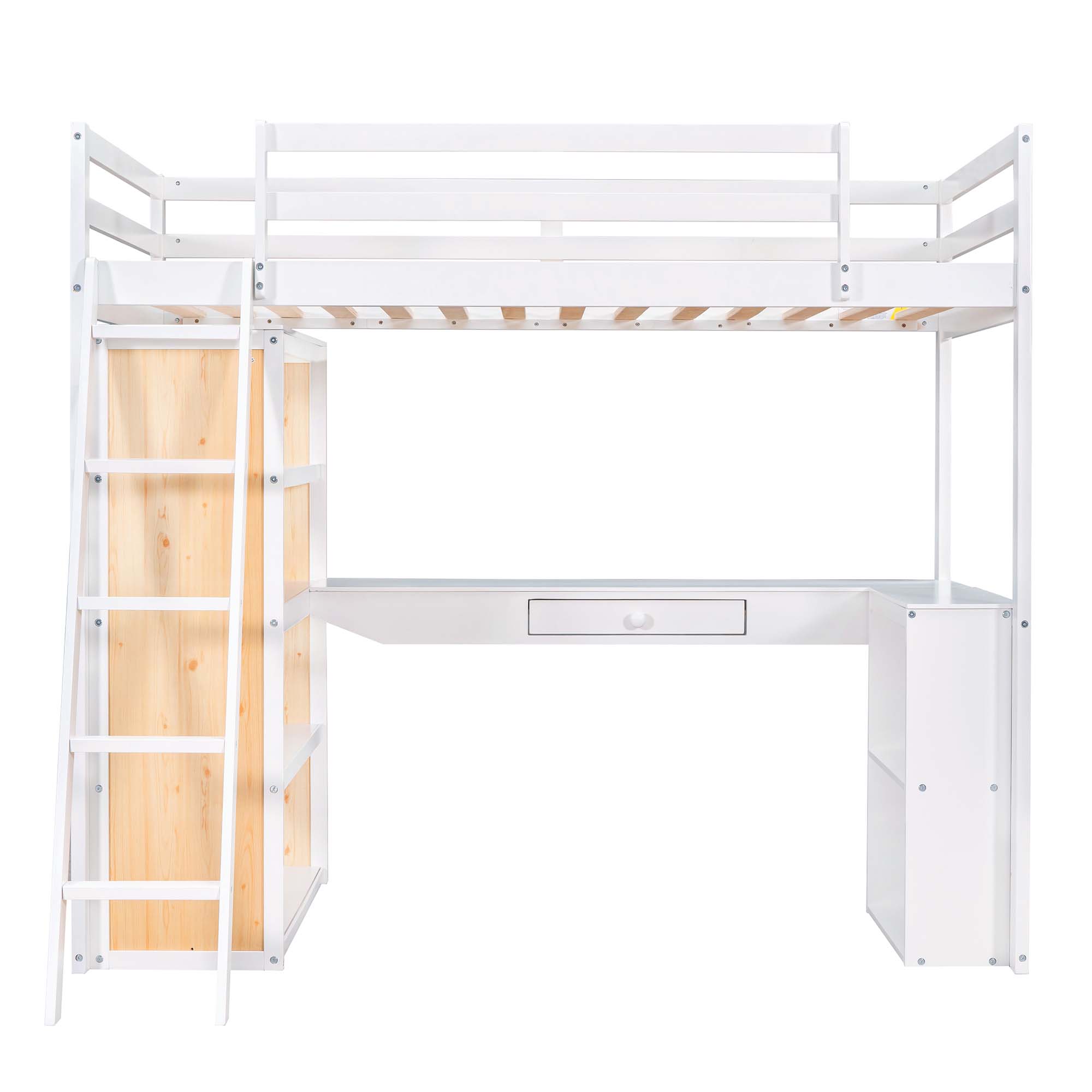 Aukfa Twin Loft Bed with Desk and Storage Shelves, Wood Loft Bed with Drawer for Kids, Teens - White