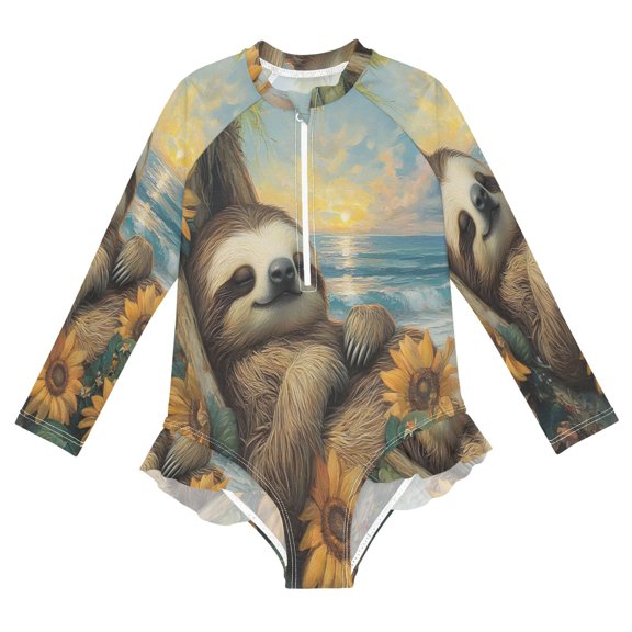 BZSMCE Swimwear Sloth Seaside (3) For Long Sleeve One-Piece Swimsuit UPF 50 And UV Protection Quick Dry Chlorine ResistantSloth Seaside (3) Pattern