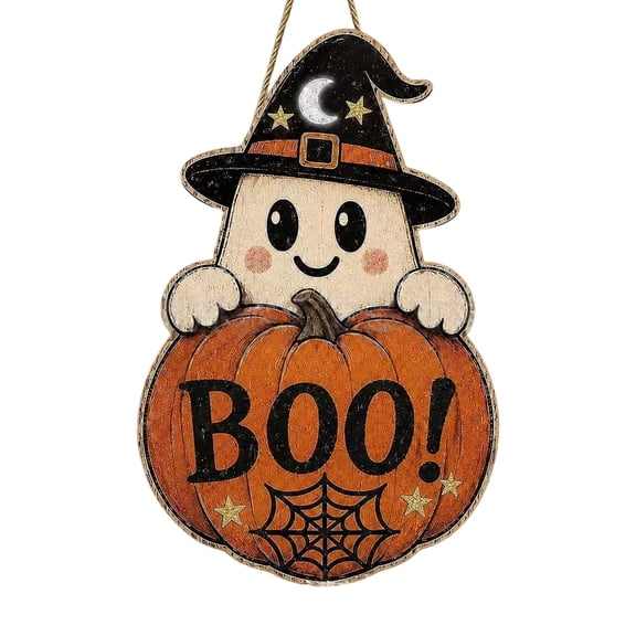 EverydayNest Halloween Wooden Door Sign,Cute Ghost with Witch Hat and Pumpkin Boo Artwork,Orange Hanging Wall Decor for Porch and Entryway,11.8in