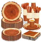 FULJOOY 200 Pieces CORNET Camping Wood Grain Slice Party Paper Plate Cup Napkin for Camping Woodland Baby Shower Lumberjack Birthday Featuring a Round Wooden Slice Die Cut Edge Design Serve 25