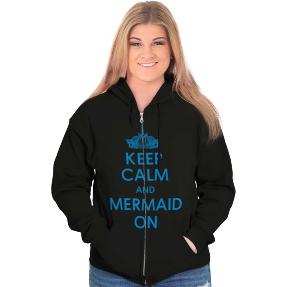 Keep Calm Mermaid On Beach Day Cute Womens Plus Size Graphic Zipper Hoodie Brisco Brands 2X