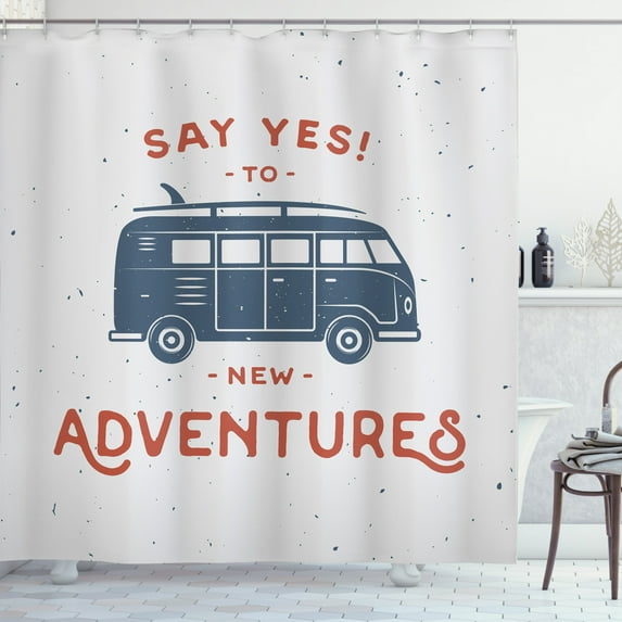 Vintage Shower Curtain, New Adventures Typography with Little Van Hippie Lifestyle Free Spirit Print, Fabric Bathroom Set with Hooks, 69W X 75L Inches Long, Cadet Blue White, by Ambesonne