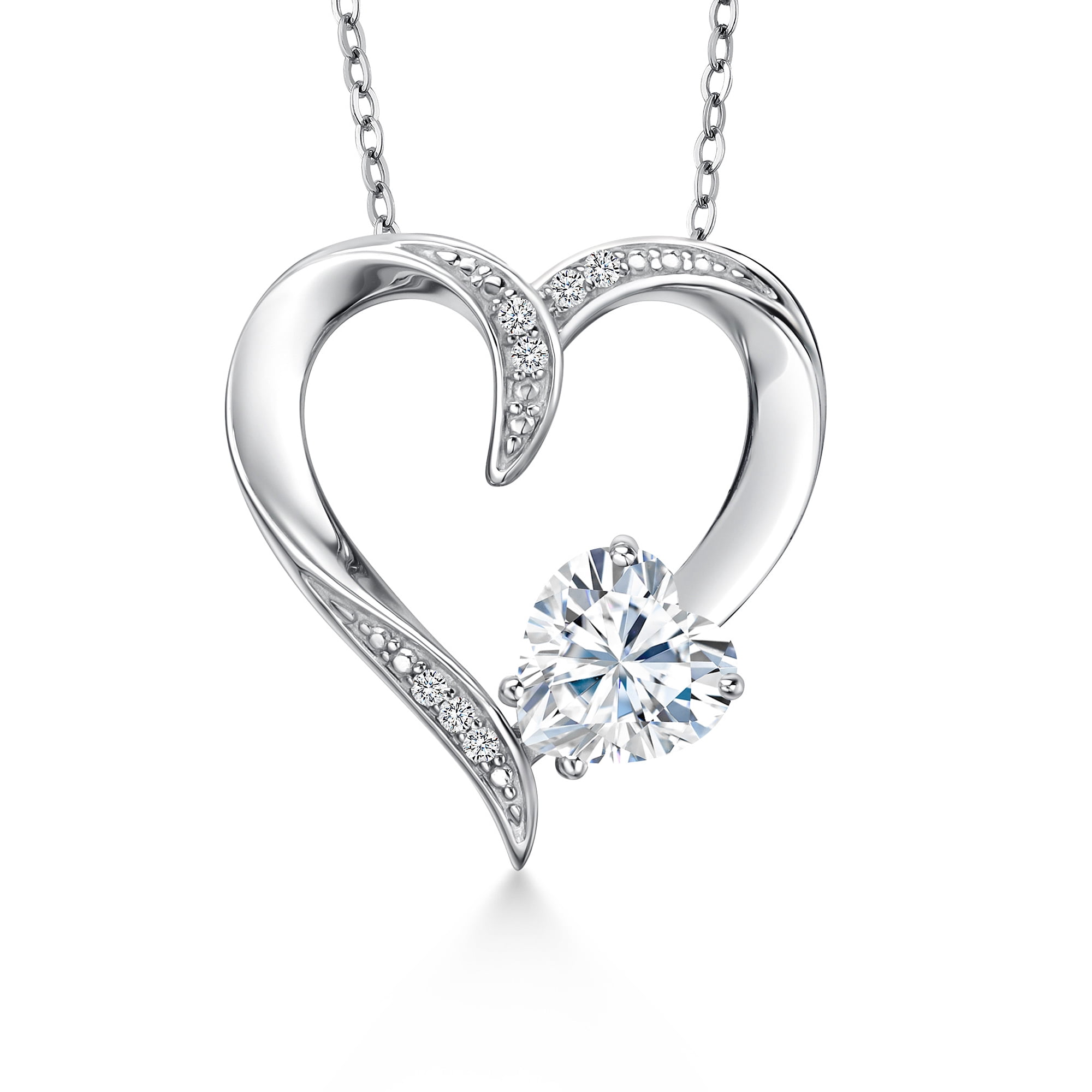 Gem Stone King 925 Sterling Silver White Moissanite and White Lab Grown Diamond Pendant Necklace for Women | 1.42 Cttw | April Birthstone | Heart Shape 7MM | With 18 inch Chain