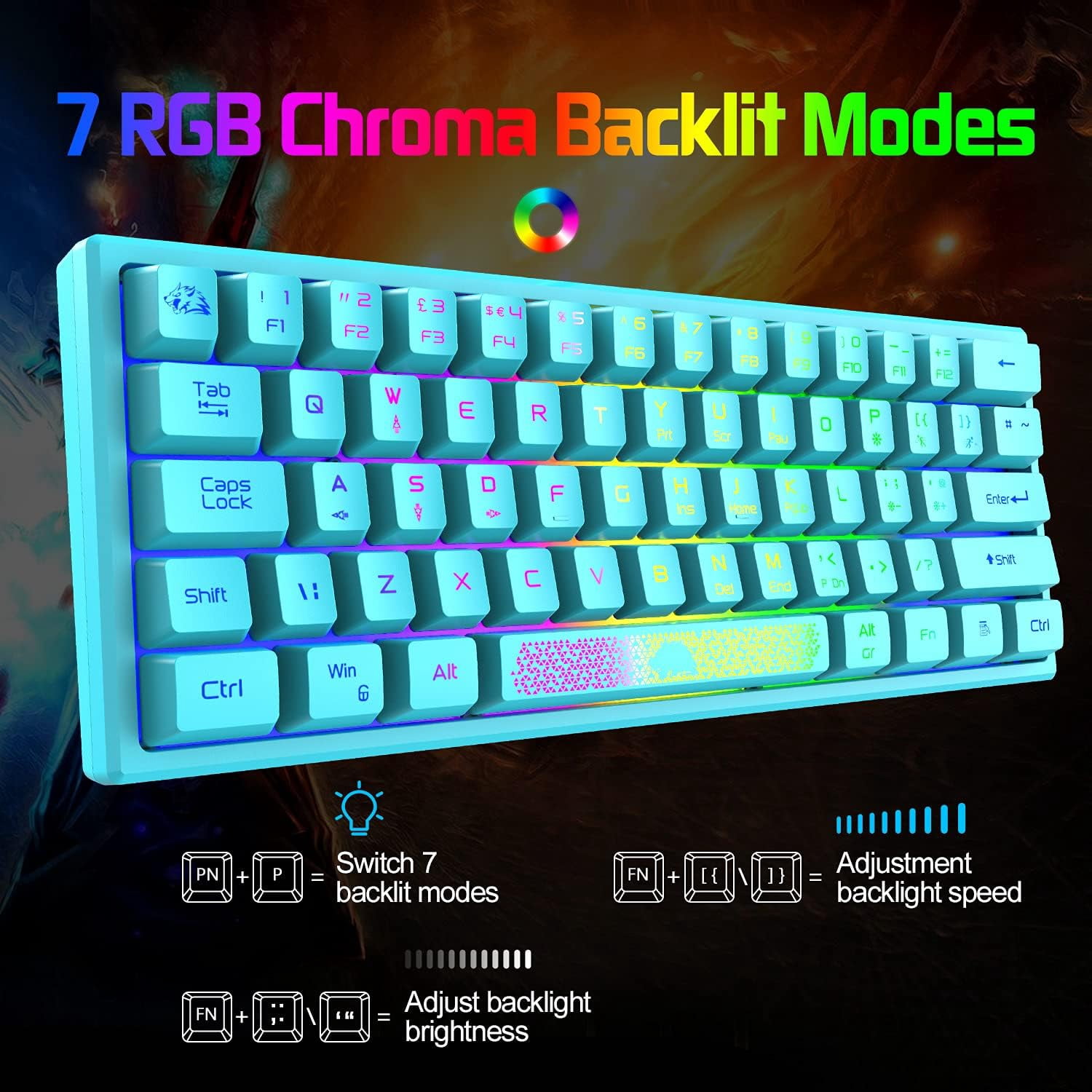 K61 UK Layout RGB 60% Gaming Keyboard Mouse Set Wired 62 Keys Mini Portable Keyboard 7 RGB LED Backlit 19 key Anti-ghosting + 6400 DPI Ultralight Gaming Mouse Honeycomb Shell +Mouse Pad -Blue