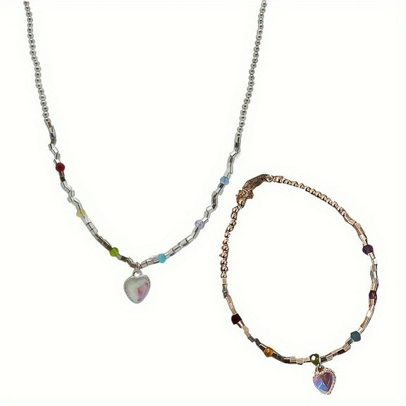 Beaded Pearl Necklace and Bracelet Set for Women - Heart Pendant Jewelry 2-Piece Set