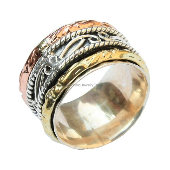 SS DESIGNS 925 Sterling Silver Anxiety Spinner Ring for Women – Meditation Fidget Band with Brass & Copper Spinners, Anti-Stress Gift Ring for Mother’s Day