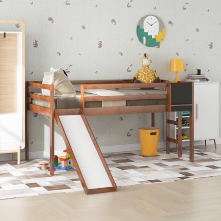 Hombay Twin Size Loft Bed with Slide and Stair, Pine Wood Slat Base Bed Frame with Chalkboard for Child Kids