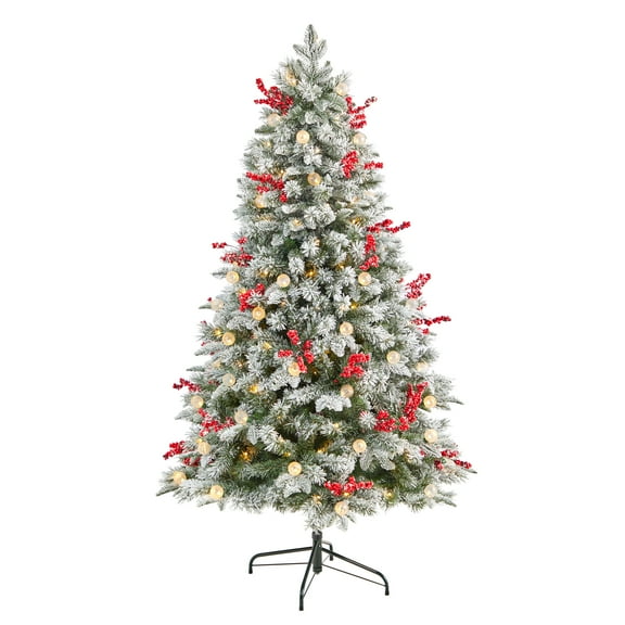 Nearly Natural 6ft Snow Tipped Norwegian Fir Pre-Lit Christmas Tree w/ 200 LED