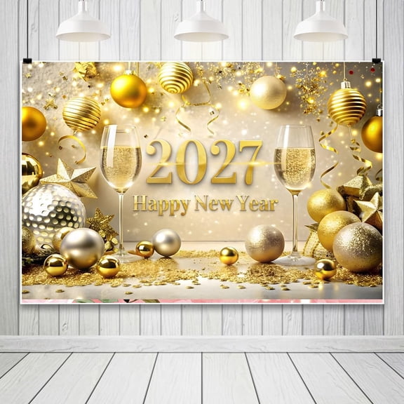 7x5ft Glitter 2027 Happy New Year Banner Backdrop Luxury Gold 2027 Photography Background Merry Christmas and Happy New Year Carnival Party NewYears Eve Party Supplies Xmas Holiday Decor