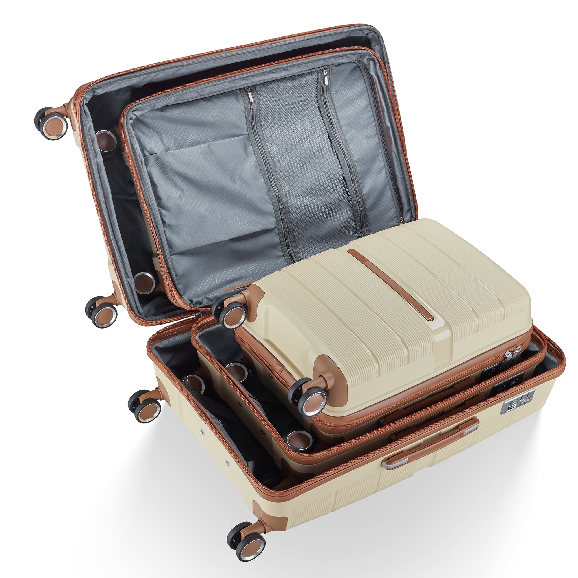 4 Piece PP Hard Shell Luggage Sets,Lightweight& Durable Suitcase with TSA Lock,Airline Certified Carry-on Luggage(14/20/24/28in),Apricot Cream