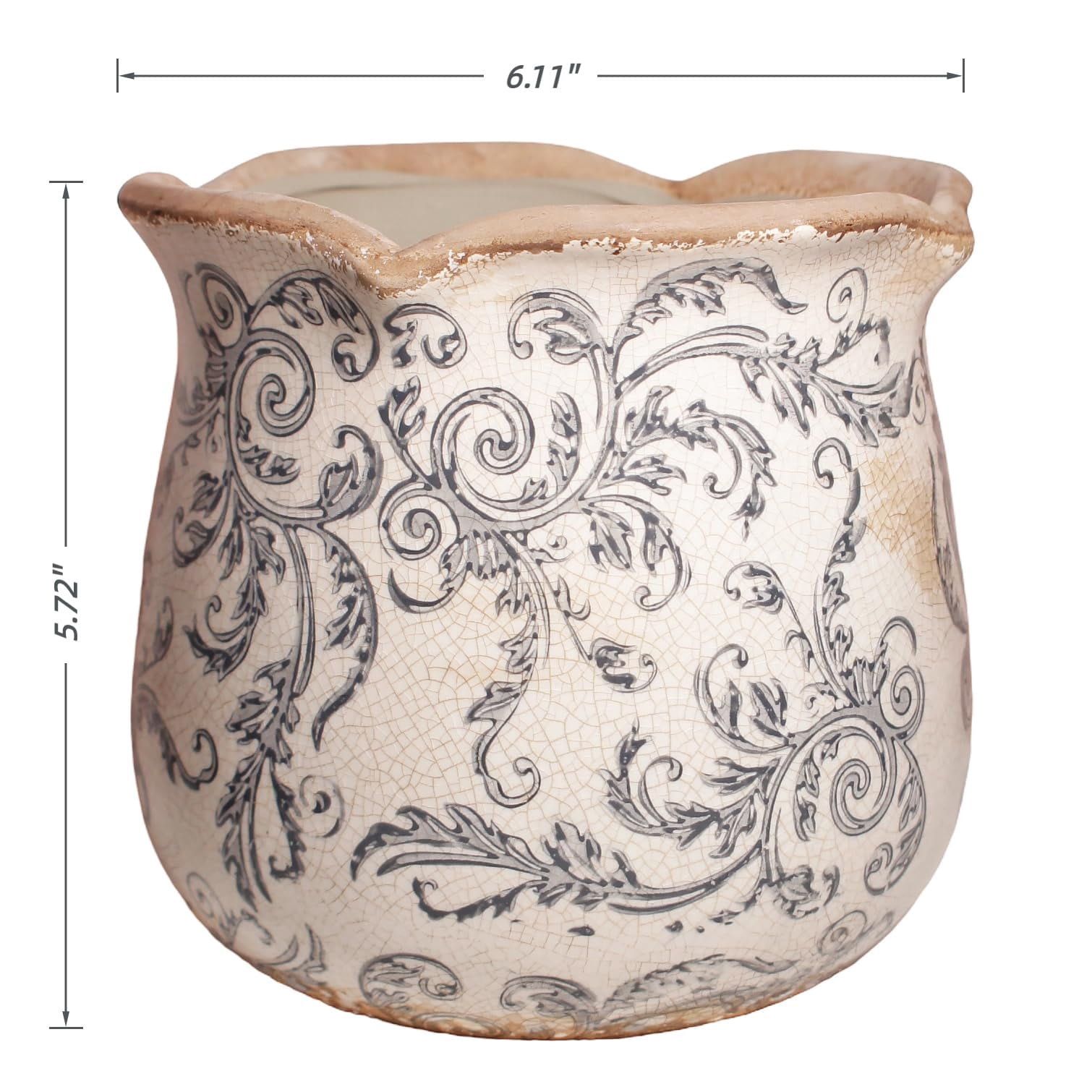 Ceramic Pots for Plants, Vintage Plant Pot with Drainage Hole, 6.11in. Planter for Indoor Plants, Crackle Glaze Finish Flower Pot, Perfect Ceramic Planter for Gardening, Red Blooms