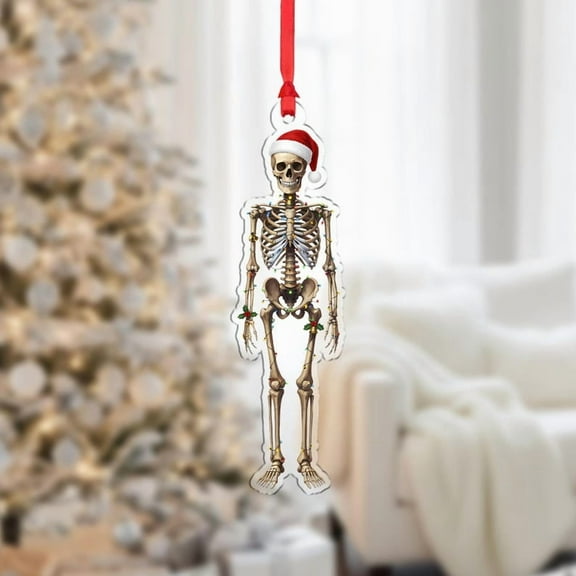 ViciArt Skeleton Christmas Ornament – Funny Anatomy Design with Santa Hat and Holiday Lights, Acrylic & Fiber Wood