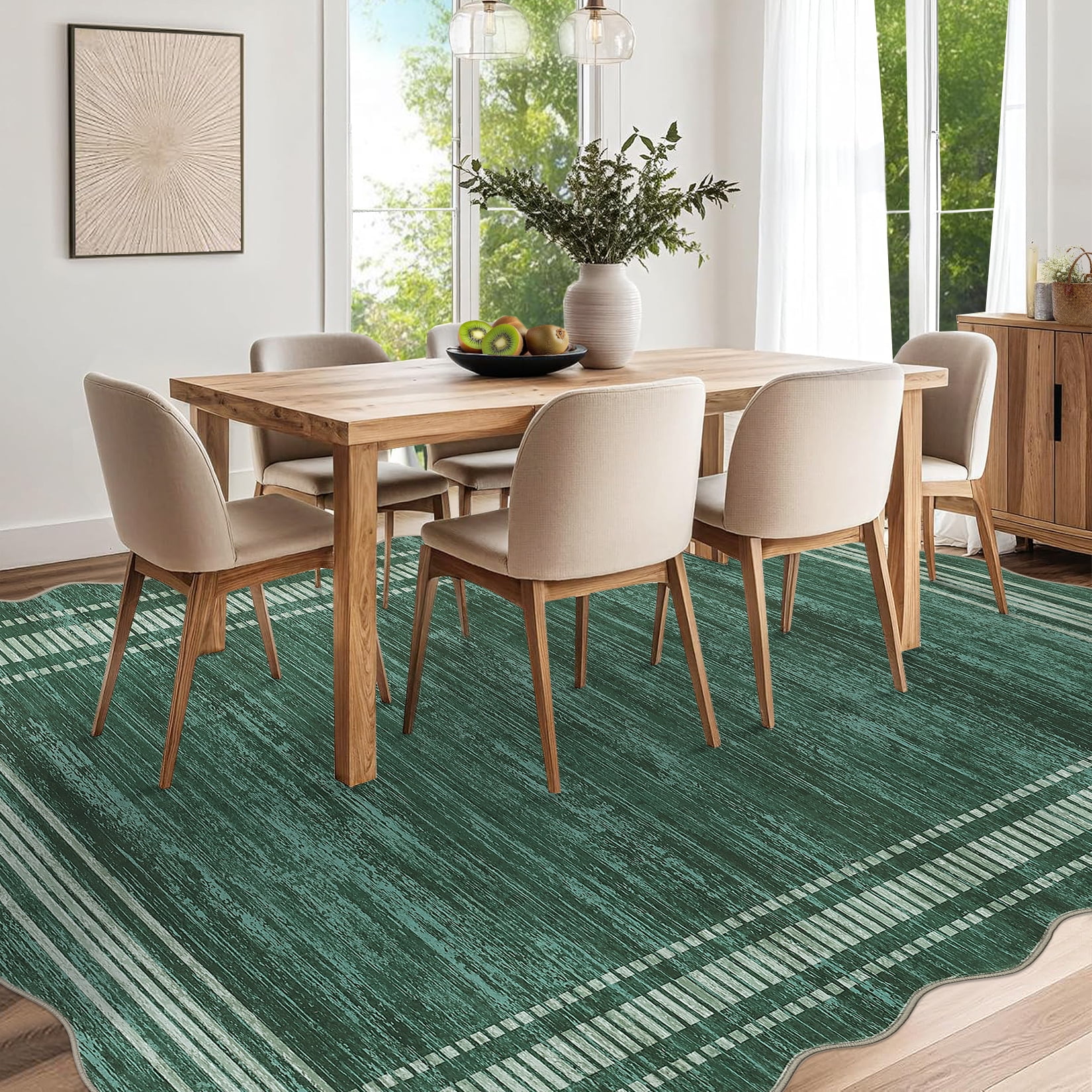 COZONY 10'x13' Modern Scalloped Washable Area Rug, Non-Slip Low-Pile Carpet for Living Room, Dining Area, Green