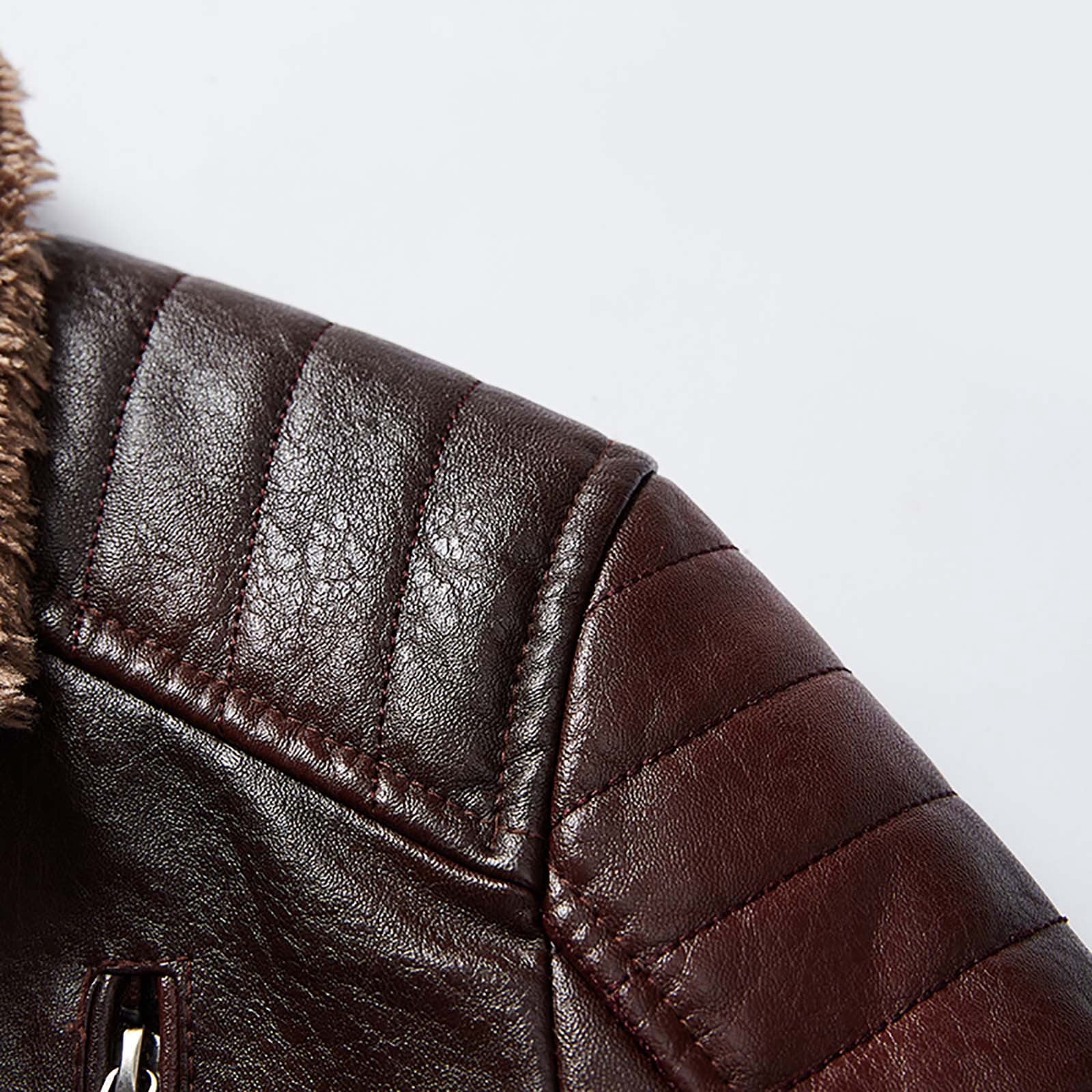 Bazeneo Leather Jacket Mens Winter Fleece Faux Leather Jacket Zipper Warm Biker Jackets with Pockets Vintage Brando Style Motorbike Jackets Faux Shearling Thicken Outwear Casual Tops