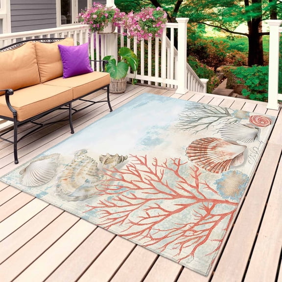 Red Blue Coastal Outdoor Rug 3x5 Ft, Non Slip Washable Area Rug, Nautical Beach Coral Shell Seaside Patio Rugs Carpet Runner, Large Floor Mat for Indoor/Outdoor Deck Porch Camping