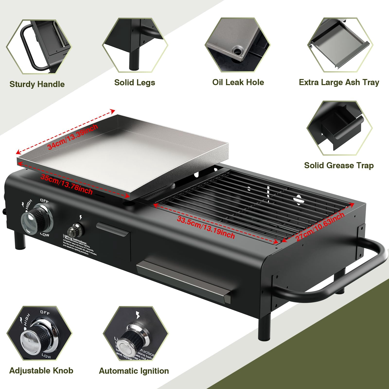 Frizi Flat Top Griddle with Dual Fuel, Tabletop Propane & Charcoal Grill Combo, 12000 BTU, 2 Side Shelves – Compact BBQ Grill for Patio, Camping & Small Outdoor Spaces