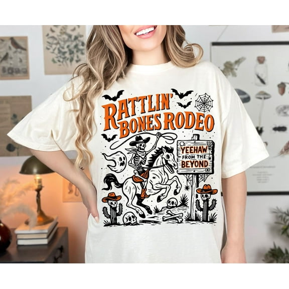 Rattlin' Bones Rodeo Shirt, Skeleton Cowboy Halloween Lasso Ride Shirt, Funny Western Spooky Cactus Horse Shirt, Retro Fall Shirt