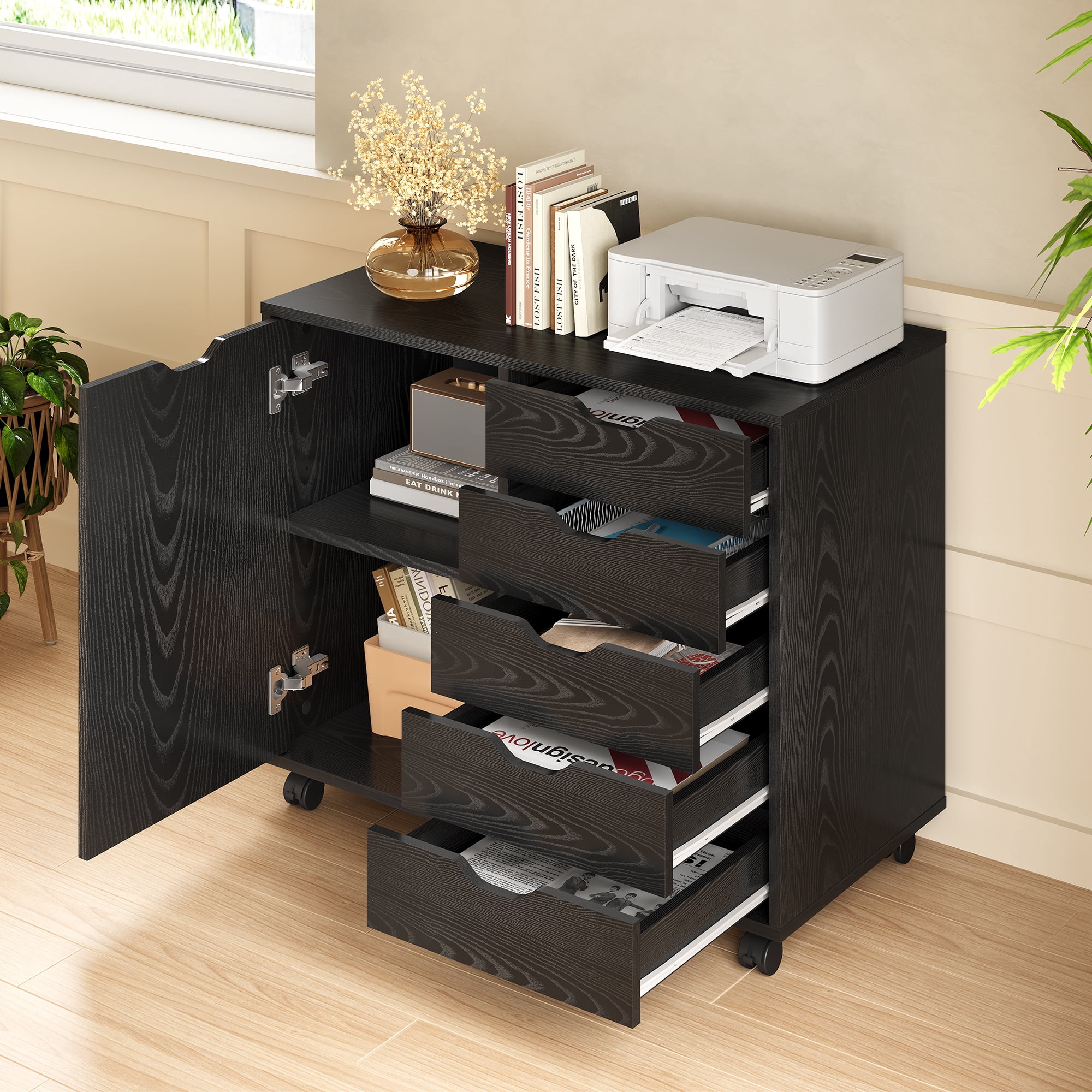 GALAXHERO 5-Drawer Storage Cabinet, Mobile Printer Stand Filing Cabinet for Home Office Cabinet, Wood File Cabinet, Black