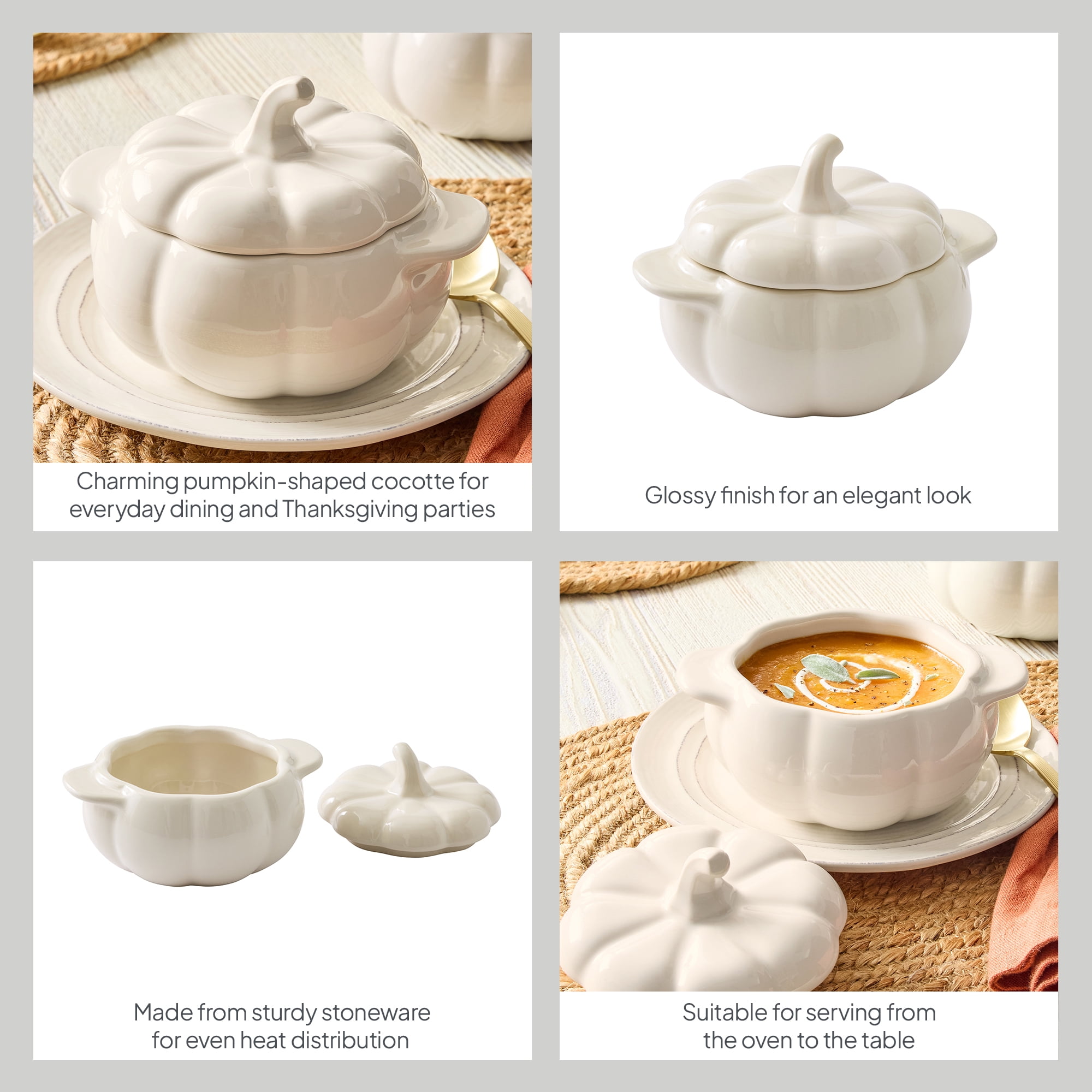 Better Homes & Gardens 8 oz Cream Pumpkin Cocottes with Lids, Set of 3