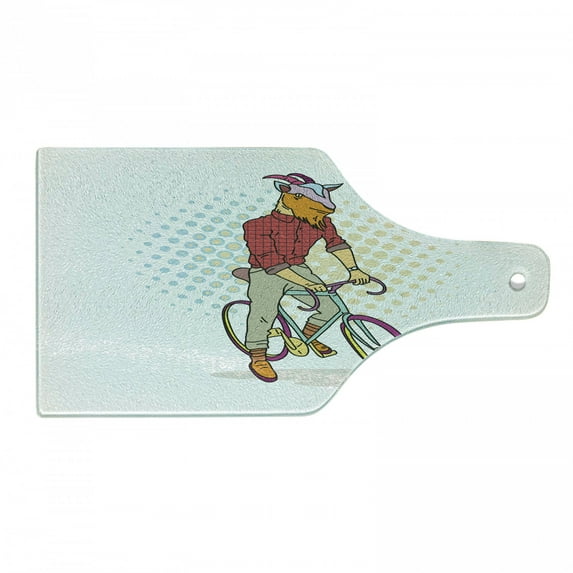 Retro Cutting Board, Hipster Goat on Bicycle Fashion Model Horns Hooves Teenager Boy Colorful Art, Decorative Tempered Glass Cutting and Serving Board, Wine Bottle Shape, Multicolor, by Ambesonne